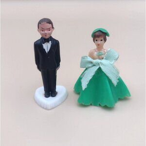 Vintage Wilton Bride & Groom Cake Topper Figurines 2" Tall Green & Black Tuxedo